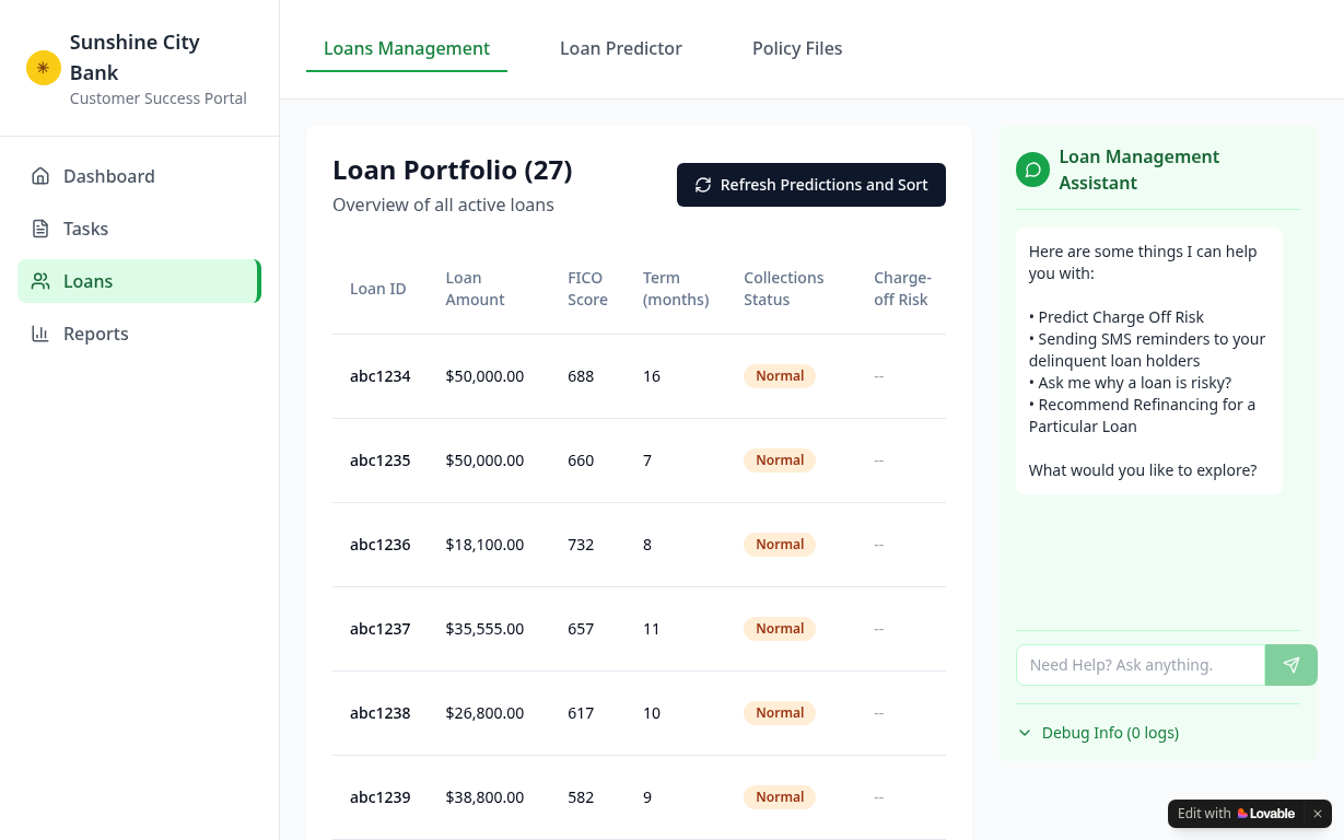 Loan Charge-Off Risk Manager home page screenshot